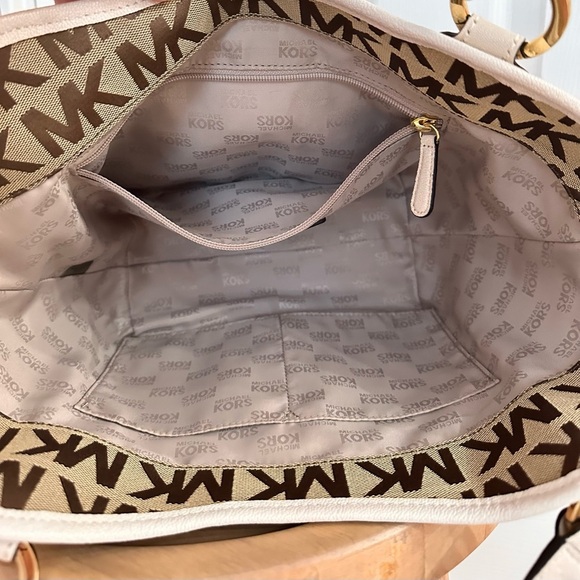 MICHAEL KORS ~ Brown and Cream Cloth and Leather Tote Bag w/Bold Gold Hardware - Picture 6 of 8